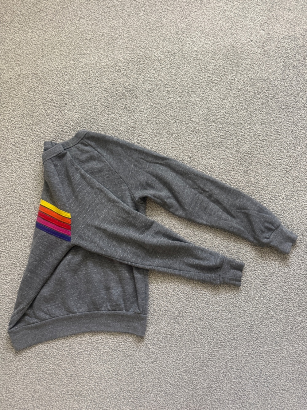Aviator Nation Gray Crewneck with Red Orange Yellow Pink Purple Stripes - Picture 4 of 5
